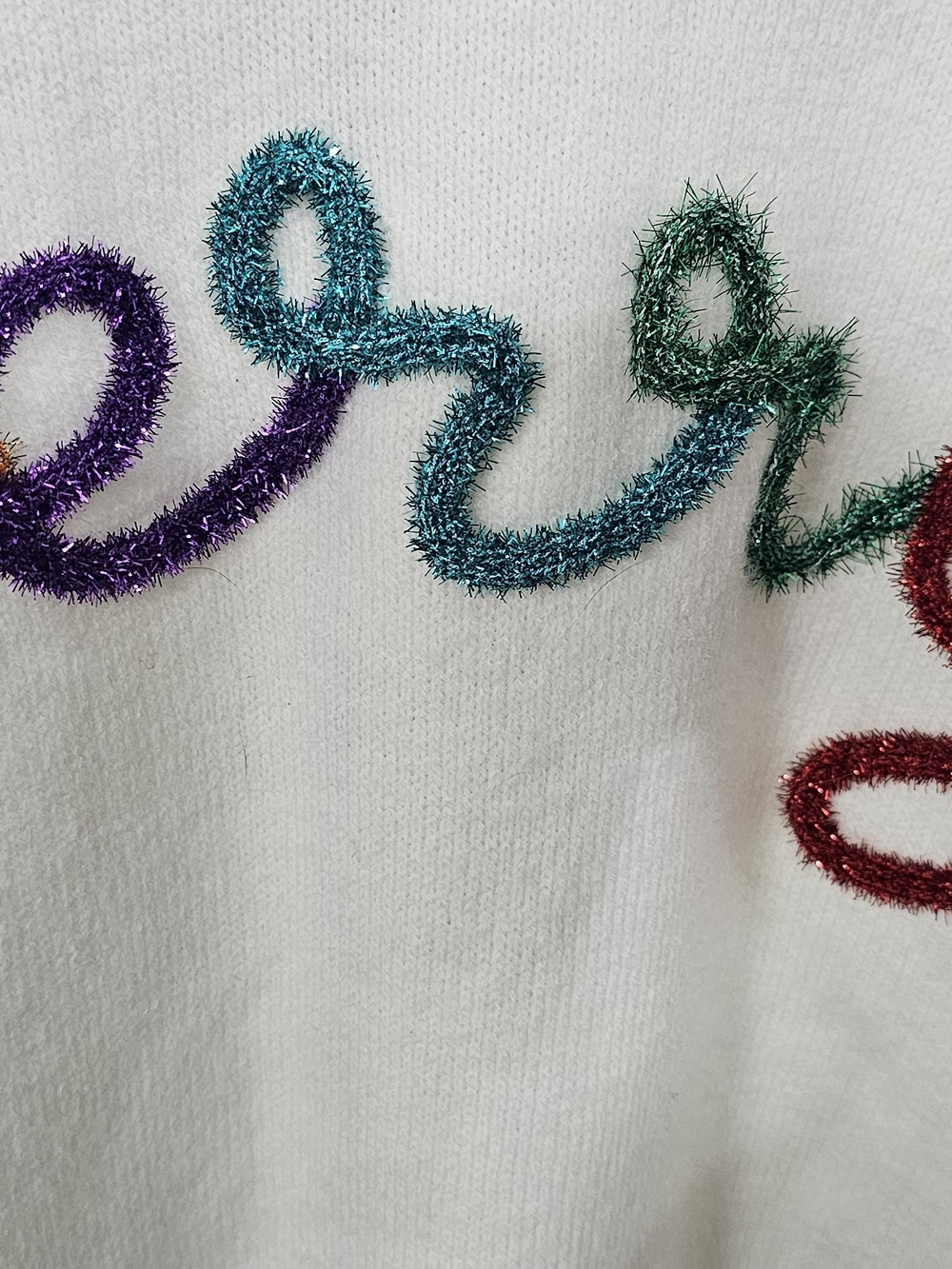 BiBi Cream Crewneck Sweater with Multicolor 'merry' Appliqué - Picture 3 of 5